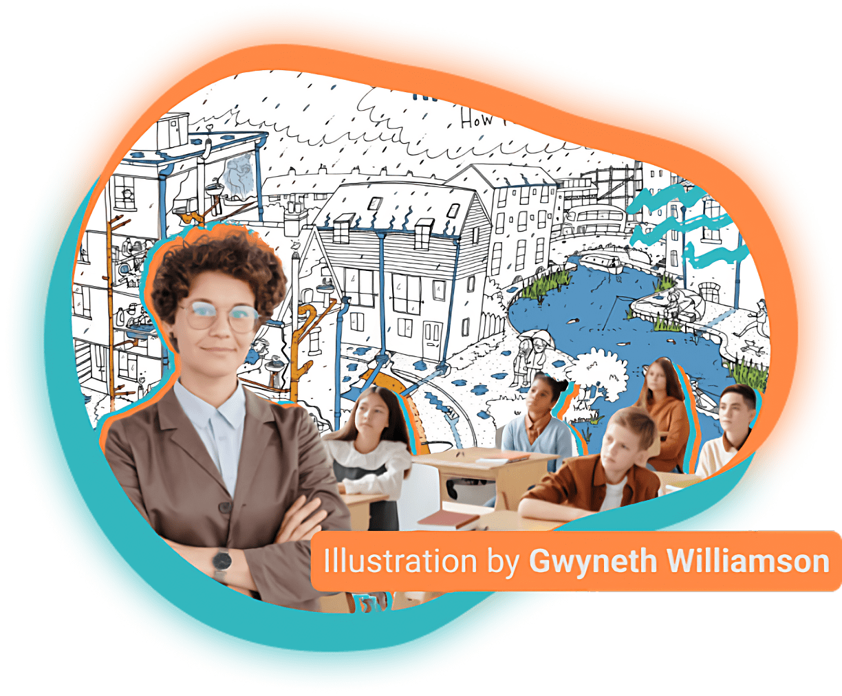 Teacher standing in front of the class. Background illustration of the urban water cycle by Gwyneth Williamson